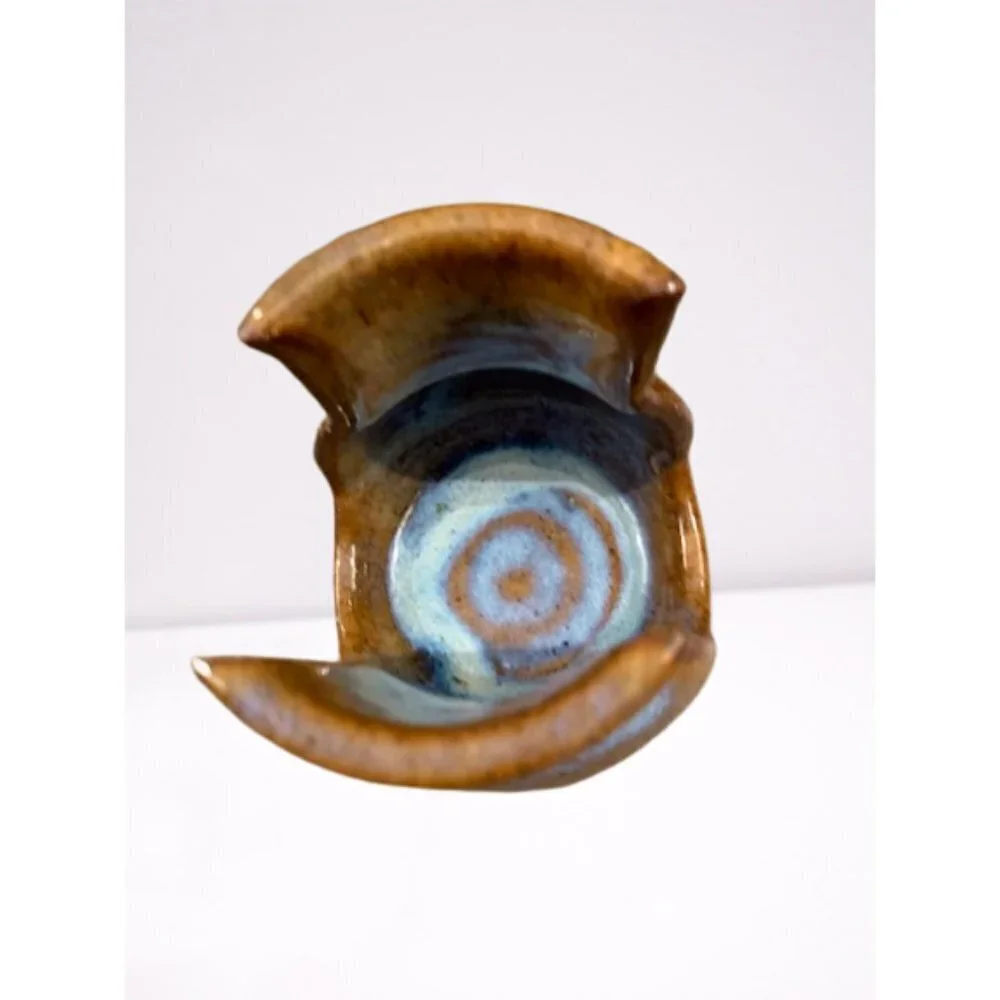 Phil Walsh Ceramic Drip Glazed Candle Holder Owl Engraved Brown Blue 3 1/2